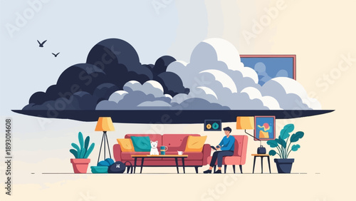 A person and dog in a cozy living room under dramatic, pixelated clouds
