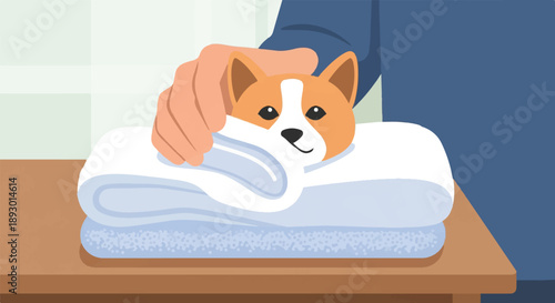 A person wraps a fluffy corgi puppy in a clean, folded towel