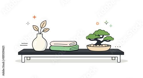 Japandi Elegance. Japandi style decor objects. A clean low console table with a ceramic vase, folded linen, and small bonsai. Calm natural tones and quiet