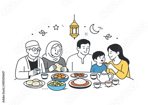Family Heritage Feast. Cultural celebration illustration. A family gathered around a table with traditional food, sharing a warm moment. Sense of heritage,