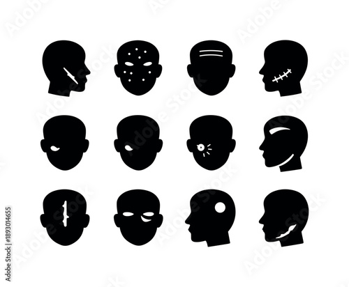 Facial Marks Icons. Facial Marks. Solid icon set of Facial Marks: cheek scar, acne mark, forehead line, surgical scar, skin dimple, pimple scar, healing spot,