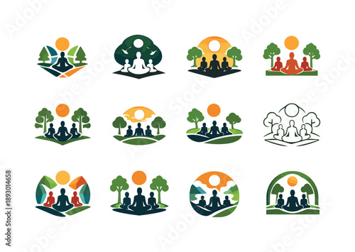 Yoga Logo Icons. Yoga in the park. Icon set. Set Logo of Yoga in the park: group yoga session outdoors. harmonious logo variations of the same emblematic