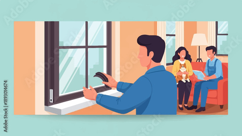 A person cleans a window while others relax with a pet indoors