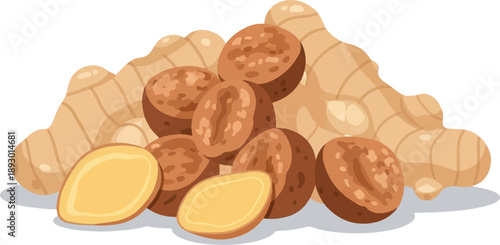 A pile of fresh ginger roots and slices in a culinary depiction