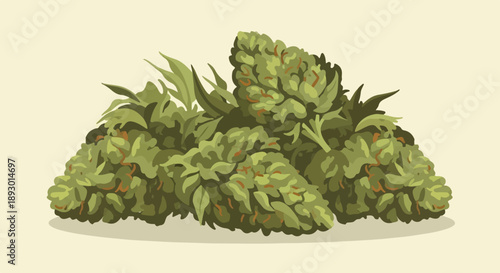 A pile of green cannabis buds with orange pistils and serrated leaves