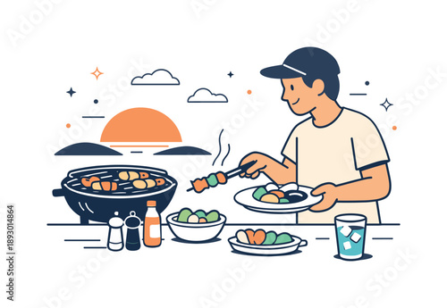Sunset Barbecue Bliss. Barbecuing at sunset ? relaxed evening meal. Person placing grilled food on a plate near the grill, slow and mindful cooking moment.