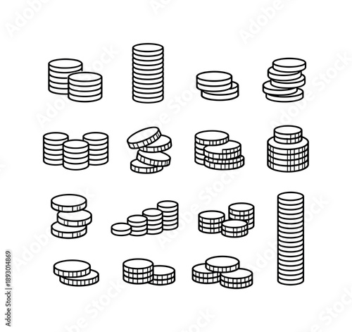 Coin Stack Icons. Coin Stack. Line icon set of Coin Stack: stacked coins, tall coin pile, short coin stack, uneven coins, aligned stack, falling coin stack,