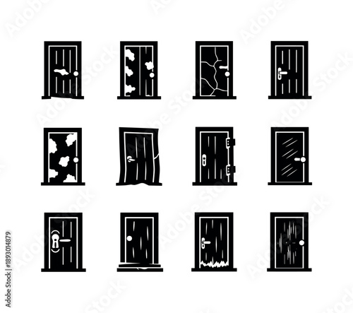 Abandoned Door Icons. Abandoned Door. Solid icon set of Abandoned Door: broken wooden door, peeling paint texture, cracked panels, rusty handle, missing paint