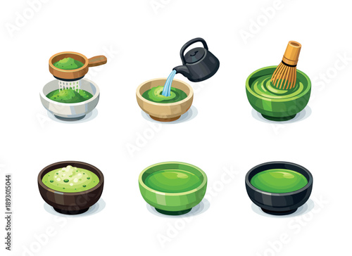 Matcha Preparation Icons. Preparation Steps. Isometric flat vector icons set of Preparation Steps: sifting matcha powder, adding hot water, whisking motion