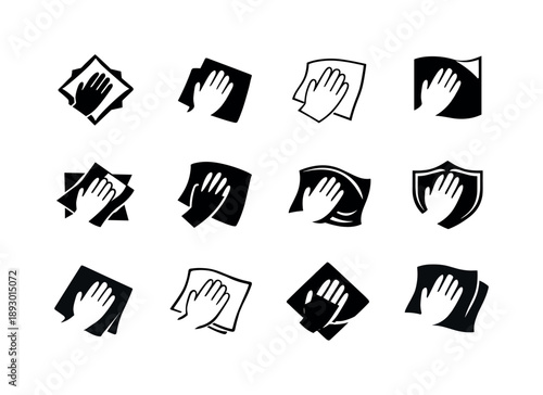 Cleaning Cloth Logos. Cleaning Cloth. Icon set. Set Logo of Cleaning Cloth: wiping hand with cloth. harmonious logo variations of the same emblematic concept,