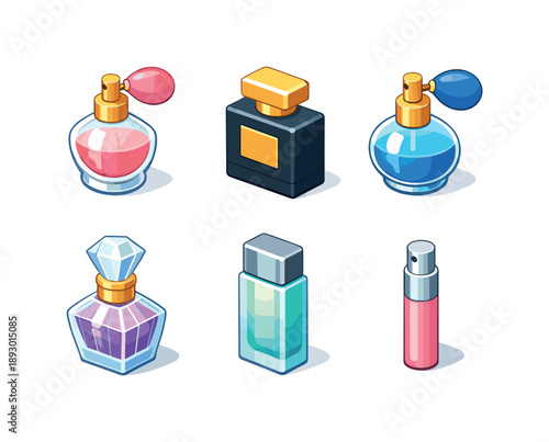 Perfume Icons Grid. Perfume Bottles. Isometric flat vector icons set of perfume bottles: classic glass perfume bottle, square luxury perfume bottle, round