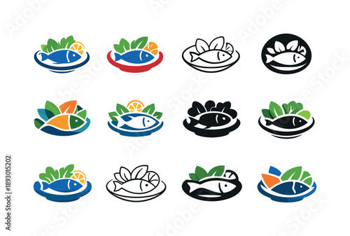 Balanced Meal Logos. Eating a balanced meal. Icon set. Set Logo of Eating a balanced meal: plate with fish and greens. harmonious logo variations of the same