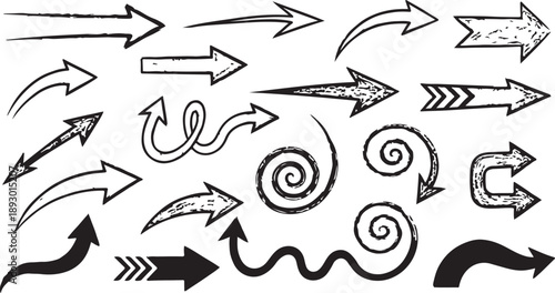 Hand sketched direction arrows with crayon grain, playful navigation pointer set.eps