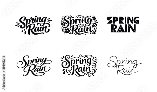 Spring Rain Lettering Grid. Spring rain lettering. Set lettering. harmonious lettering variations of the same emblematic concept, each with different artistic