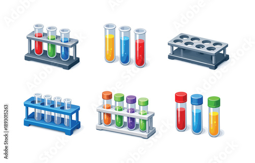 Colorful Lab Equipment Grid. Lab Equipment. Isometric flat vector icons set of Lab Equipment: test tube set, liquid-filled glass tubes, holder with multiple