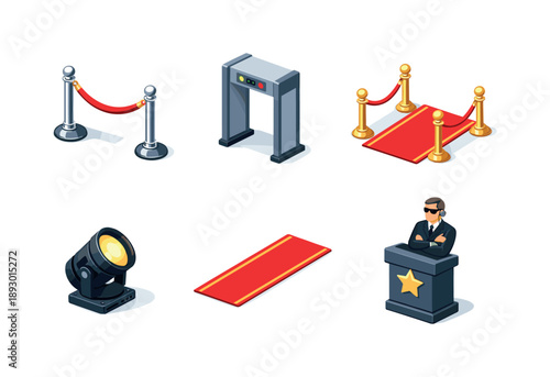 VIP Access Icons. VIP Access. Isometric flat vector icons set of VIP access: red rope barrier, chrome stanchion, entrance gate frame, velvet carpet strip,