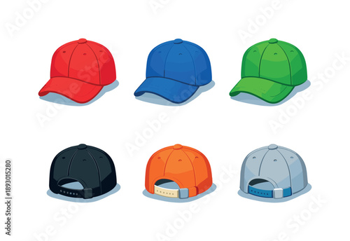 Colorful Cap Icons. Everyday headwear. Isometric flat vector icons set of everyday headwear: casual cap front view, structured crown, soft brim curve, top