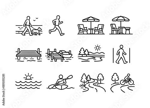 Waterfront Leisure Icons. Waterfront Leisure Icons. Line icon set of Waterfront Leisure Icons: walking dog along waterfront, person jogging silhouette, casual
