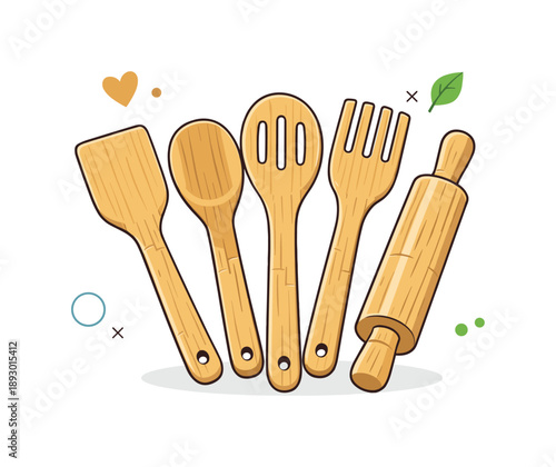 Minimalist Bamboo Utensils. Natural bamboo cooking utensils. A small selection of bamboo tools slightly overlapping, showing variety without clutter. Simple