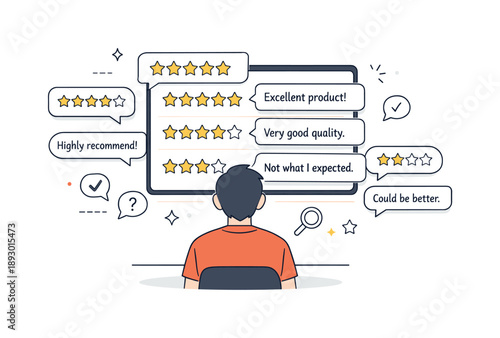 Product Review Analysis. Product reviews overview. A person reading and comparing product ratings on a screen with stars and short comments floating nearby.