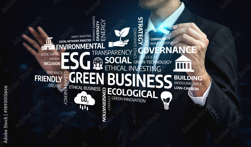 Fototapeta premium A business professional illustrates key concepts related to ESG and green business, integrating modern graphics to emphasize sustainable practices and ethical investing initiatives. Tessel