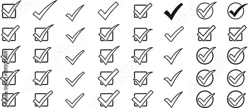Checkmark icon collection in grid layout, boxes circles bold outlined filled styles, confirmation symbols, UI design, vector illustration