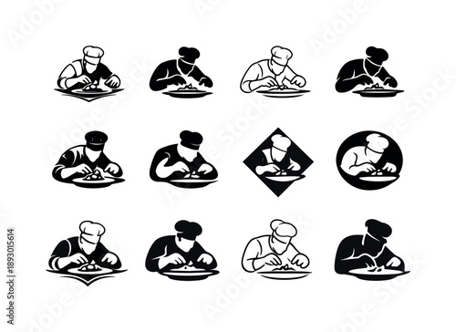 Chef Icon Variations. A chef adding garnishes to a dish for presentation. Icon set. Set Logo of A chef adding garnishes to a dish for presentation: fine dining