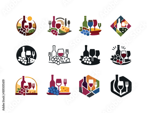 Food and Wine Logos. Food and wine festivals. Icon set. Set Logo of food and wine festivals: festive banner with wine and food symbols. harmonious logo
