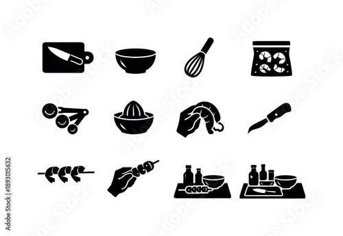 Shrimp Skewer Icons. Shrimp skewer preparation. Solid icon set of shrimp skewer preparation: cutting board, knife, mixing bowl, whisk, marinade bag, measuring