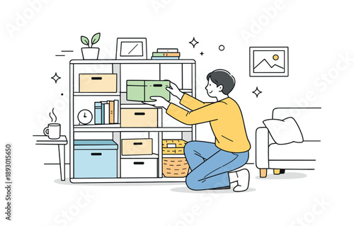 Modular Home Organization. Customizable home storage solutions. A person arranging modular shelves and boxes in a living room, adjusting elements with calm