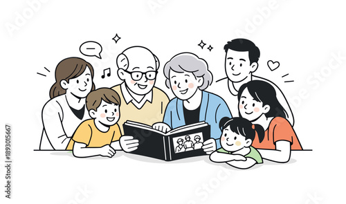 Family Storytime Gathering. Family storytelling time. Relatives gathered around an album, listening and smiling together. Shared history, warmth, and