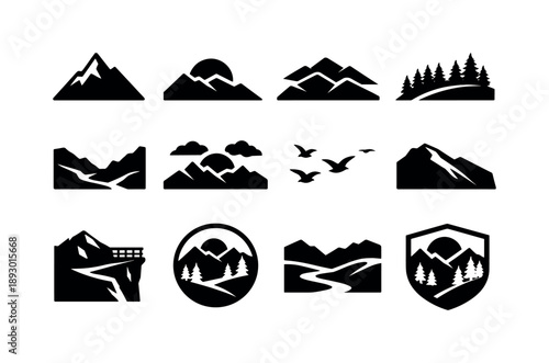 Mountain Sunset Icons. Mountain sunset. Solid icon set of mountain sunset: peak silhouette, descending sun, layered mountains, pine forest, valley line, warm