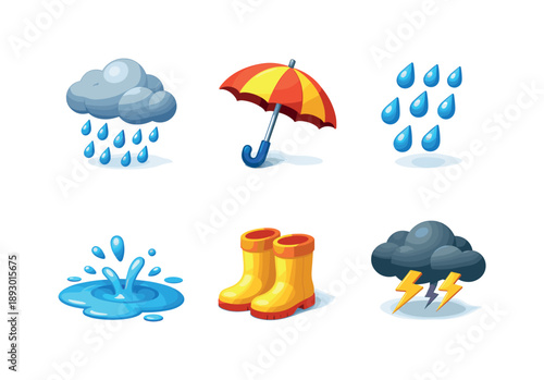 Rainy Weather Icons. Rainy Weather Elements. Isometric flat vector icons set of Rainy Weather Elements: rain cloud, umbrella, falling raindrops, puddle splash,