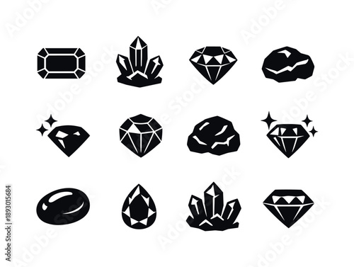 Green Gemstone Icons. Precious green stones. Solid icon set of precious green stones: emerald gem, green crystal, faceted stone, raw gemstone, jewel sparkle,
