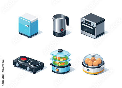 Colorful Kitchen Icons. Kitchen Appliances. Isometric flat vector icons set of Kitchen Appliances: mini fridge, milk frother, built-in oven, double burner