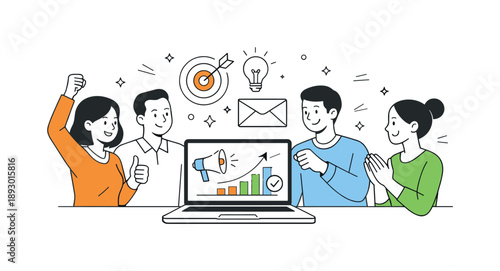 Team Celebration Success. Marketing team success. Group celebrating a completed campaign with subtle positive gestures. Sense of achievement and shared