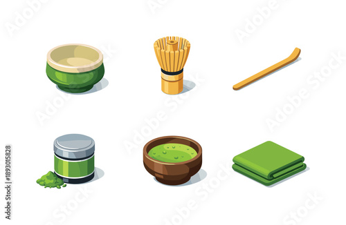 Isometric Matcha Set. Matcha Set. Isometric flat vector icons set of Matcha Set: matcha tea bowl chawan, bamboo whisk chasen, bamboo scoop chashaku, matcha