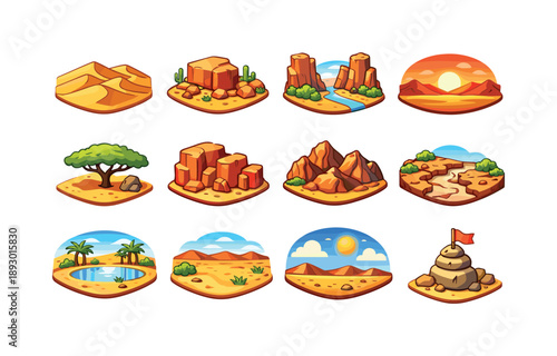 Desert Landscape Icons. Desert landscape. Colorful isometric vector icons set of Desert landscape: rolling sand dunes, rocky plateau, desert valley, sunset