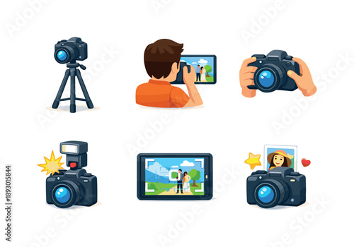 Isometric Camera Icons. Photo shooting. Isometric flat vector icons set of photo shooting: camera on tripod, photographer camera view, handheld camera, camera