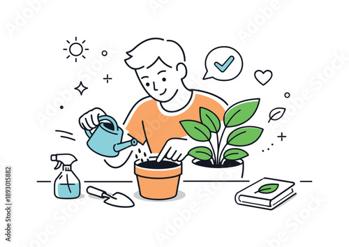 Mindful Plant Care. Plant health tips. A person gently watering a houseplant with a small watering can, checking the soil with calm focus. The scene shows