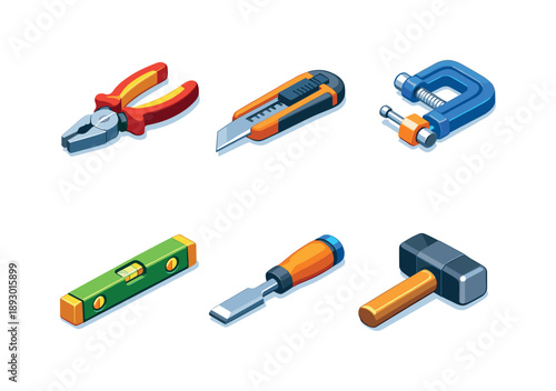 Hand Tools Icons. Hand tools. Isometric flat vector icons set of Hand tools: pliers tool, utility knife, chisel tool, clamp tool, spirit level, mallet hammer.