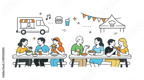 Culinary Connection Festivities. Food festivals and culinary events. Visitors sitting at shared tables, enjoying meals and talking comfortably with each other.