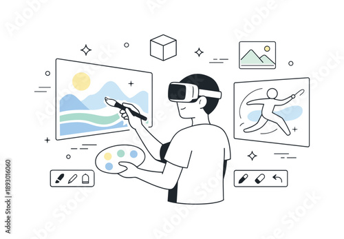 VR Artistry in Motion. Digital art creation in VR. An artist interacts with virtual brushes and holographic canvases suspended in space. Focused creativity,