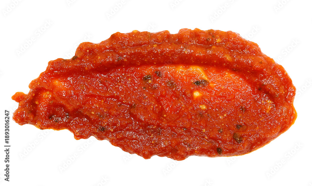 Naklejka premium Tomato sauce with ricotta cheese spread isolated on white background, clipping path, top view