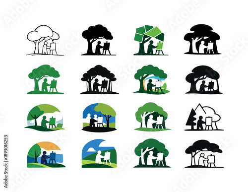 Artist Logo Variations. Artist painting a landscape in the park. Icon set. Set Logo of artist painting a landscape in the park: painter with easel under tree.