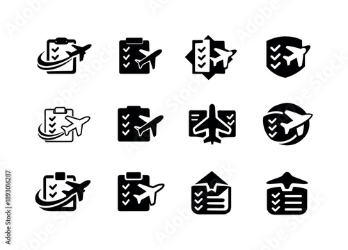 Visa Icon Variations. Visa requirements. Icon set. Set Logo of visa requirements: checklist and airplane. harmonious logo variations of the same emblematic