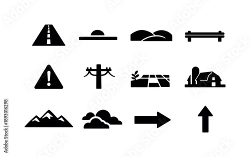 Scenic Highway Icons. Scenic rural highway. Solid icon set of Scenic rural highway: long straight road, road horizon, rolling hills, roadside grass, guardrail,