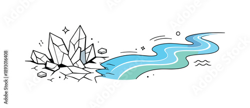 Frozen River Transition. Breaking ice. Abstract river shapes where sharp frozen forms gradually turn into smooth flowing lines. Calm metaphor of transition