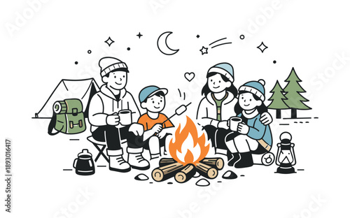 Family Campfire Delight. Family outdoor adventure at night. Warm campfire light, simple gear and smiling faces, feeling of connection, comfort and shared