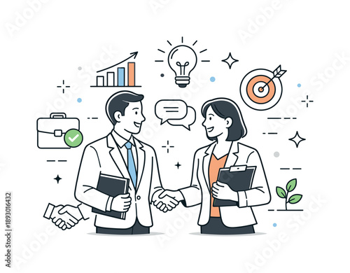 Networking Success. Professional networking success. Professionals smiling after a productive conversation, with subtle success symbols around. Positive
